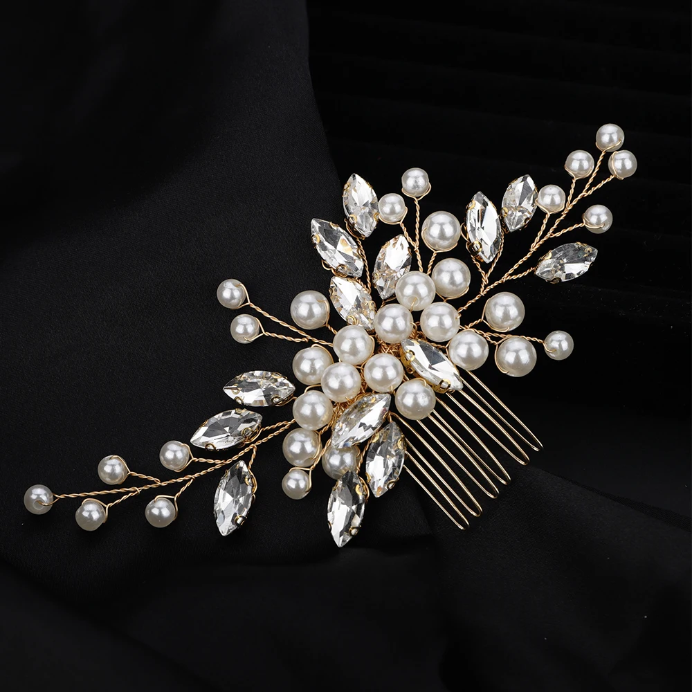 Rhinestone Wedding Hair Trendy Comb Sier Gold Pearl Bridal Headpiece Bride Party Head Accessories Jewelry Handmade Women Tiara smile