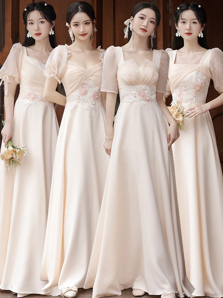Bridesmaid A-Line Champagne Satin Dresses for Women 2023 New Puff Sleeve Exquisite Appliques Lady Long Sister Party Dress smile