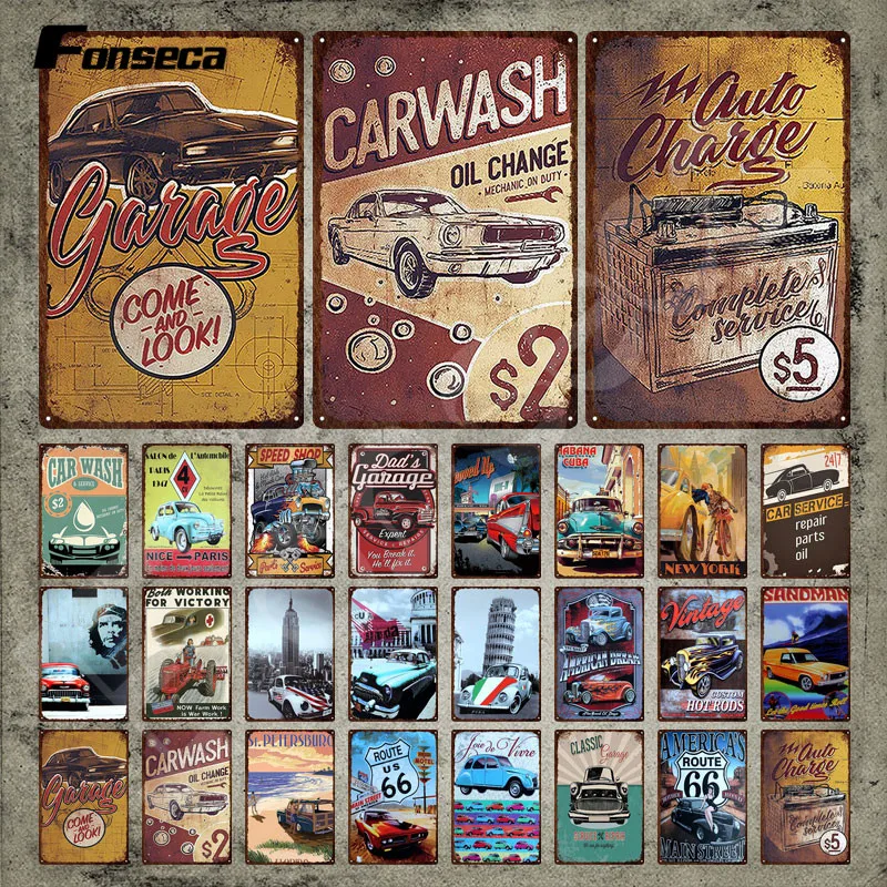 Dad's Garage Metal Sign Vintage Custom Hot Rods Tin Sign Plate Route 66 Car Wash Metal Poster Wall Art Stickers for Garage Decor