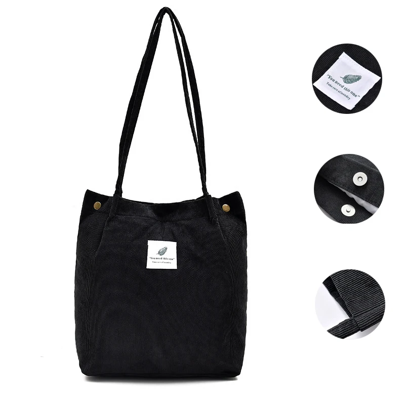 Corduroy Women Bag for Shopper Handbags Environmental Storage Reusable Canvas Shoulder Tote Bag School Bags for Girl Tote Bags smile