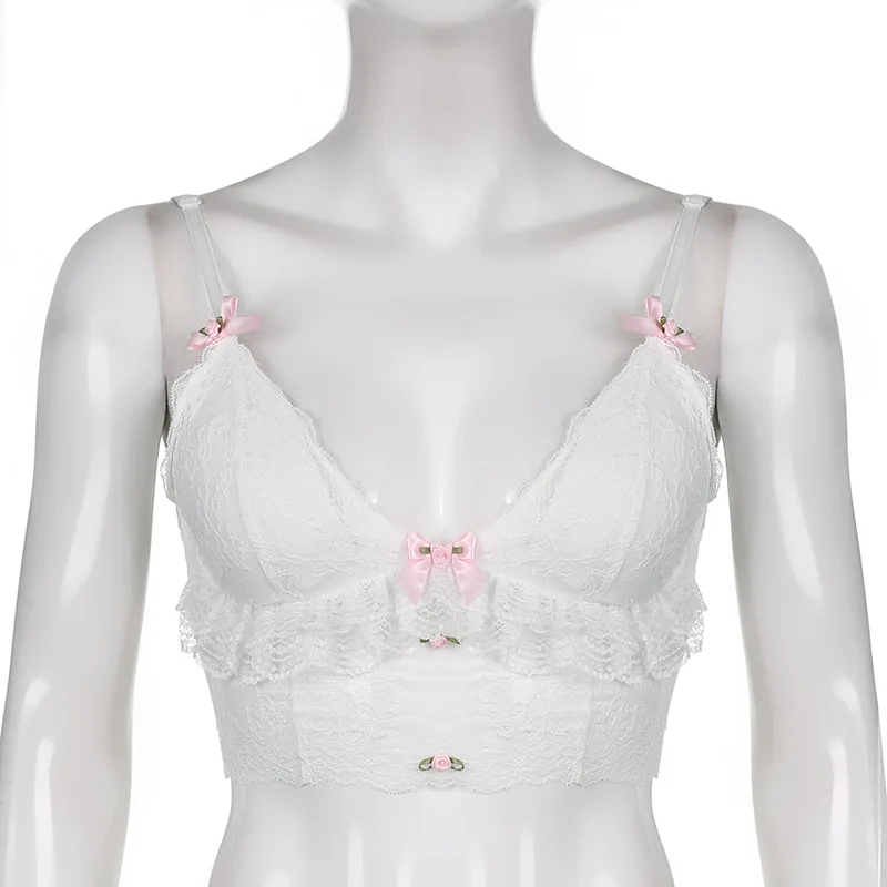 Lolita Women White Ruffles Corset Top Y2K Clothes Haruku Kwaii Lace Basic Camis Pastel Gothic Sweet Bows Aesthetic Crop Tops smile