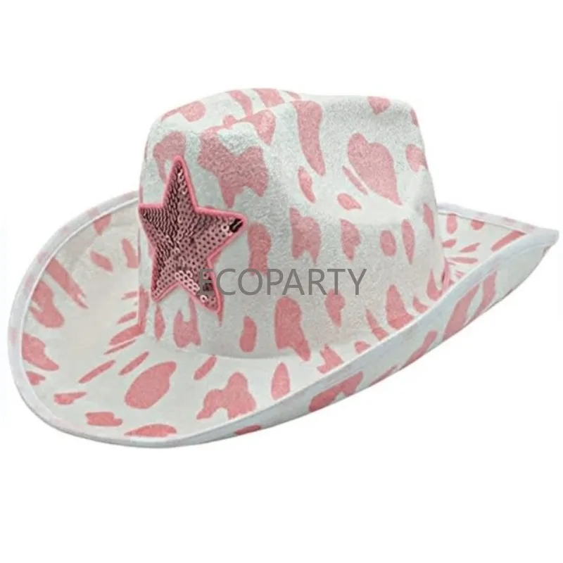 Pink Five Pointed Novelty Star Cowboy Hat with Heart Shaped Sunglasses Kerchief Cowgirl Hat for Women Western Party Three-piece smile