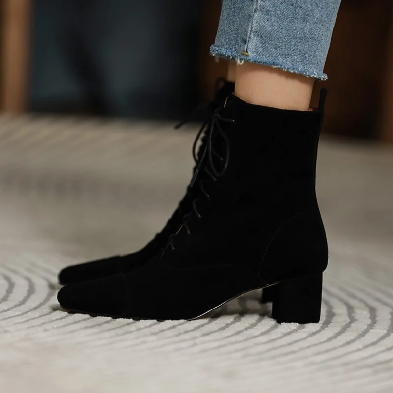 Modern Women's Ankle Boots Winter Shoes Thick Heel Woman Boots Simple Style Women Shoes On Heel Kid Suede French Retro Shoes