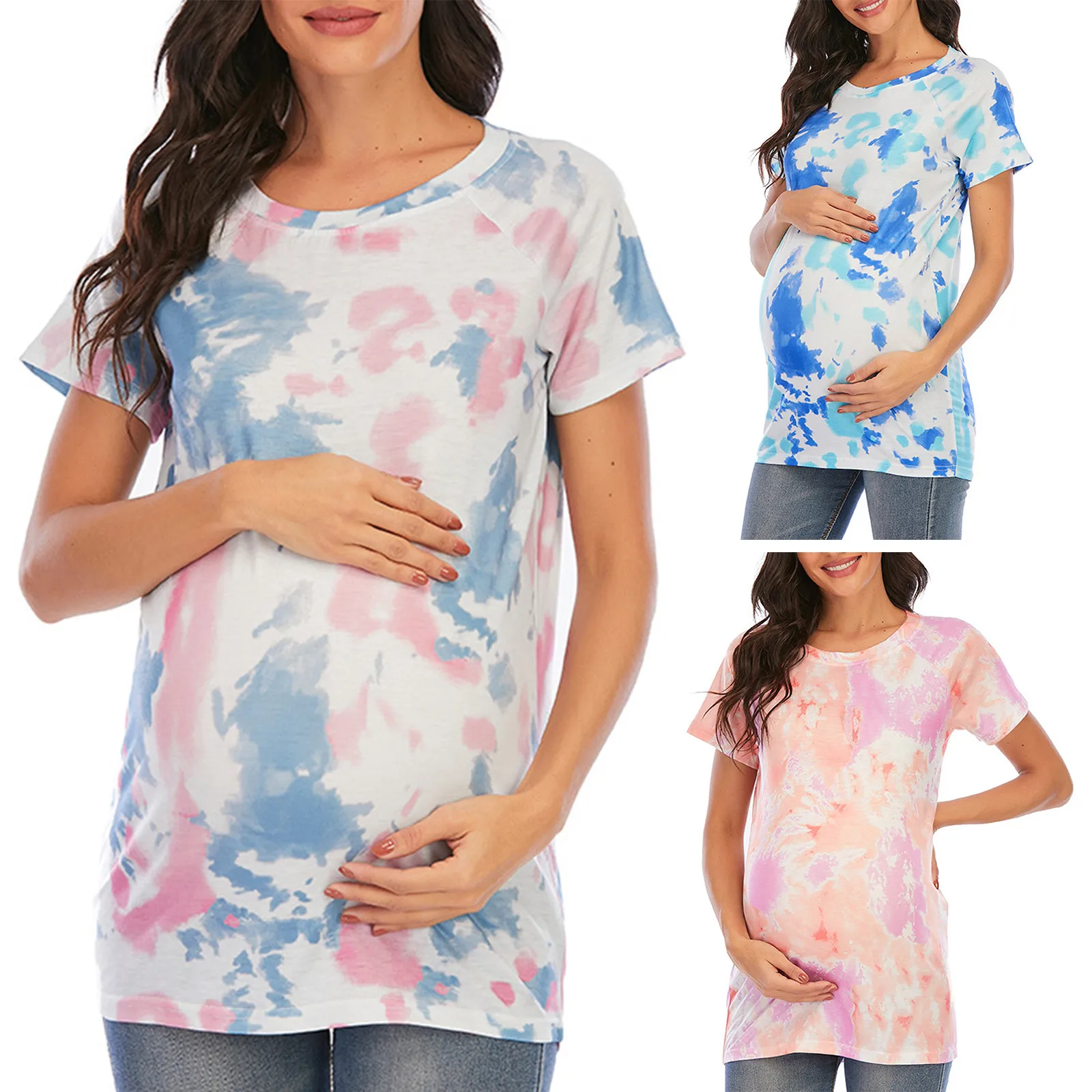 Maternity Shirts Women Pregnancy Short Sleeve T-shirt Tie-dye Tops Blouse Pregnant Casual Camiseta Embarazo Maternity T Shirt smile