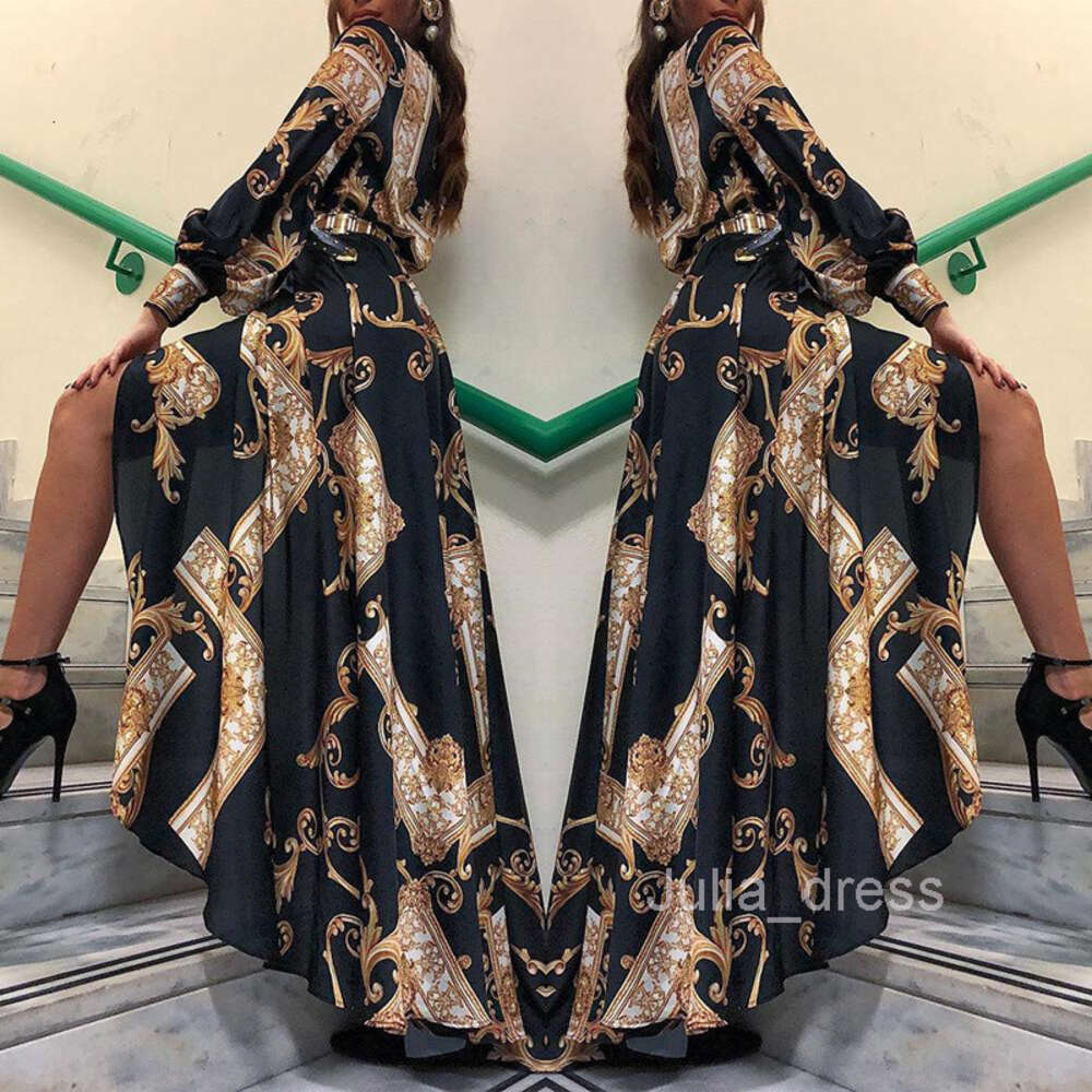 New Womens Court Style Printed Long Sleeved Dress Floor Mopping Shirt Skirt