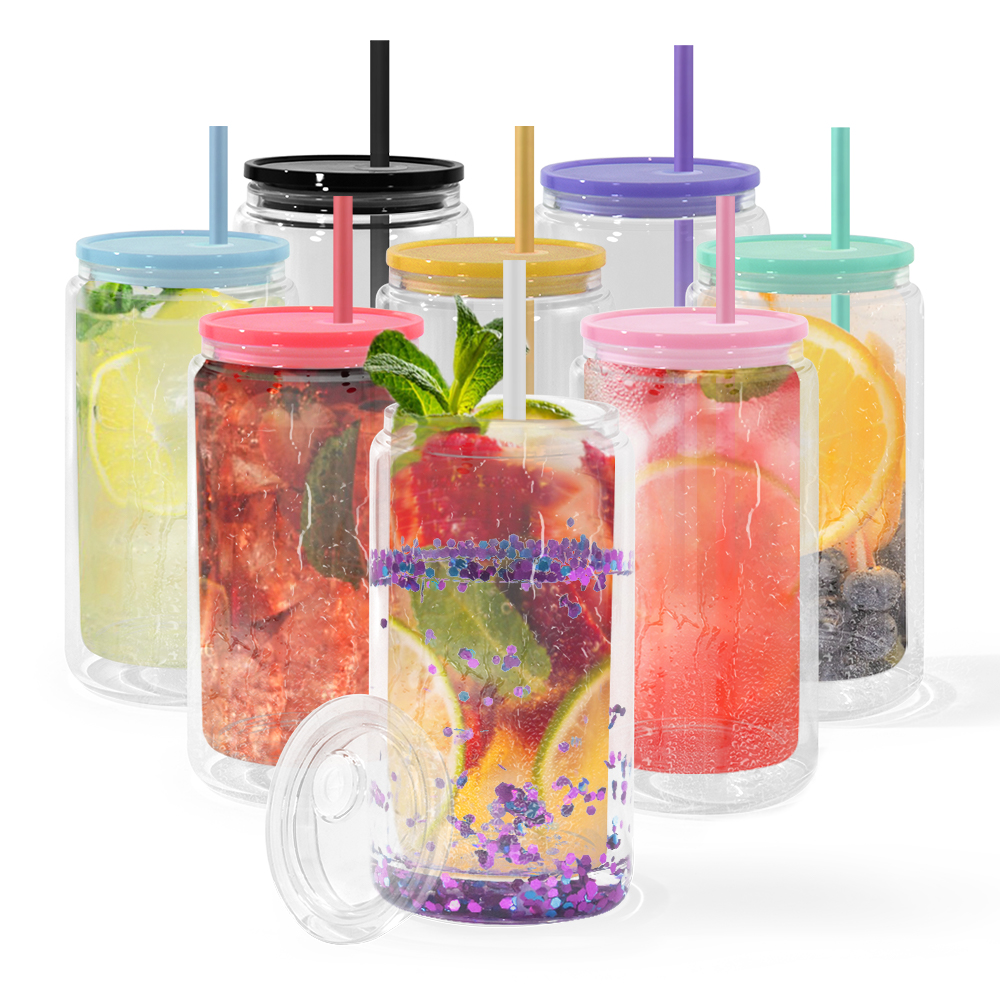 16oz Plastic Snow Globe tumbler double wall arylic tumblers with colorful lids and straw for Vinyl UV DTF sticker Summer Drinkware Mason Jar drinking 