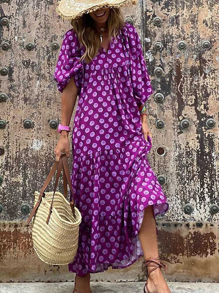 Basic Fashion Women Print Summer Loose Boho Dress Casual Elegant Short Se Beach Party Dresses For Woman Robe Femme 2023 New T240523