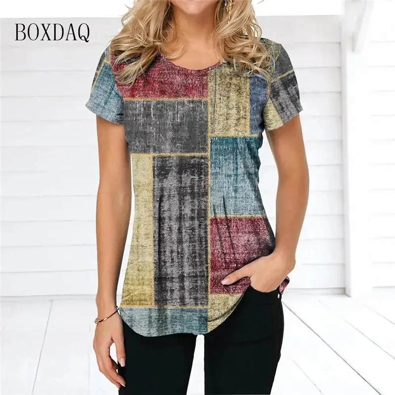 Short Sleeve Plaid 2025 Women T-Shirts Vintage 3d Print Gradient Female new T Shirt 6XL Plus Size Ladies Clothing O-Neck Casual Tops Tee