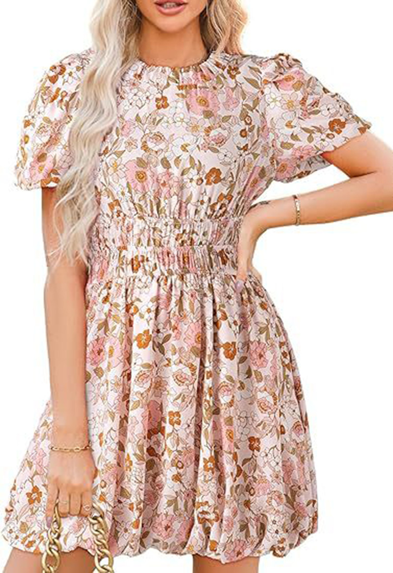 Floral Print Short Sleeve Flared Midi Dress summer dresses for women Bohemian round neck puff sleeves tie back gathered high waist beach floral mini d