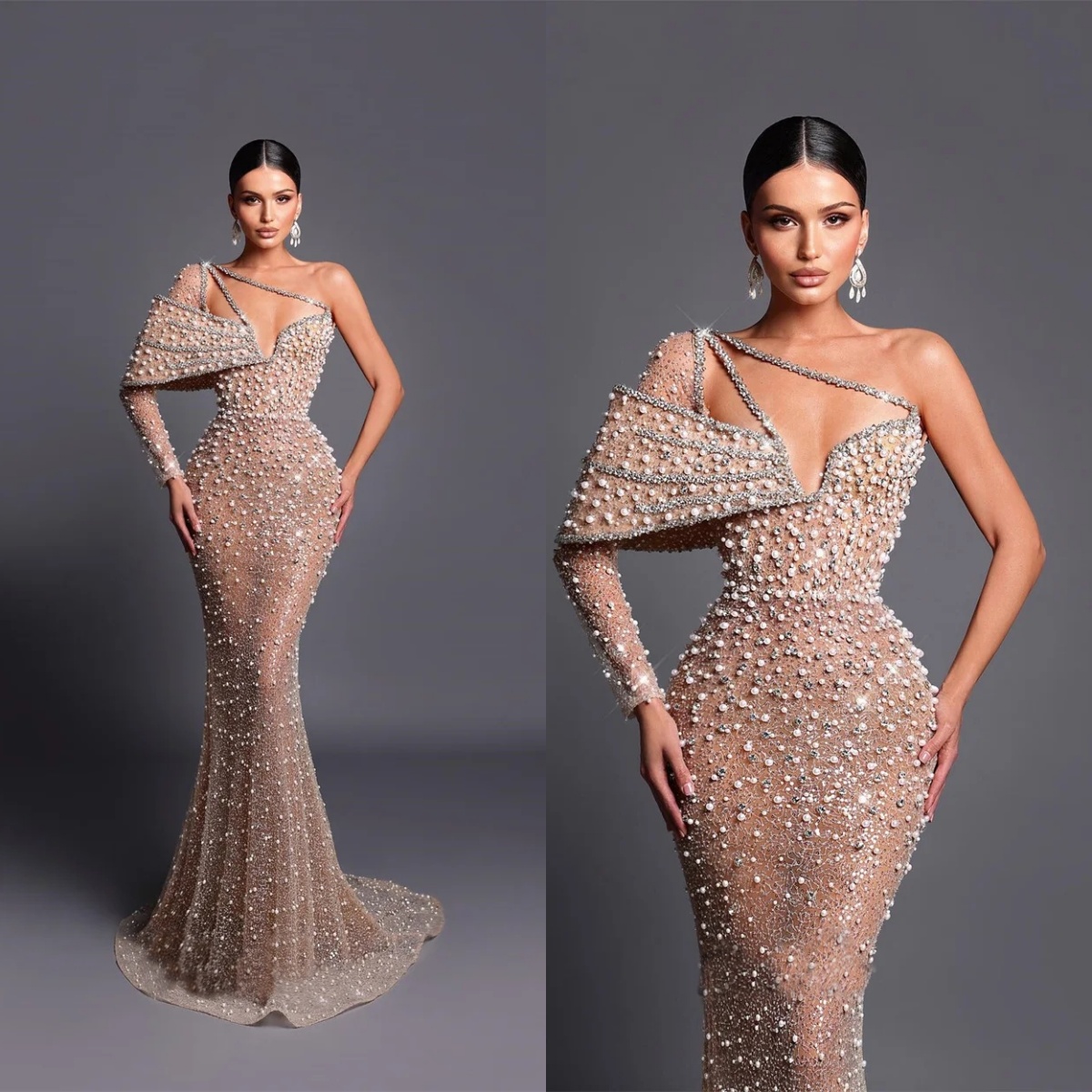 Glamorous Mermaid Wedding Dresses Pearls One Shoulder Bridal Gowns Sequins Rhie Custom Made Sweep Train Bride Vestido de novia