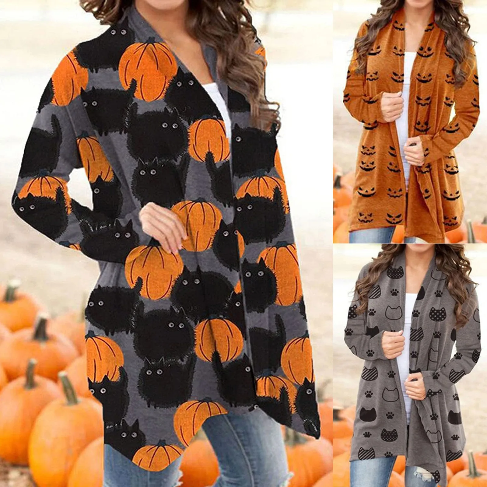 Ladies 2022 Cardigan Hot Women High Quality Sweater Popular Halloween Cat Printed Casual Coat Plus Size Top Clothes Ropa Mujer smile
