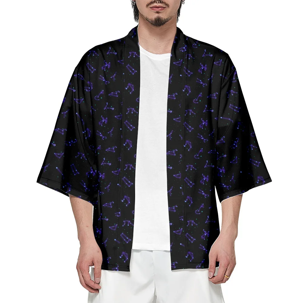 Men Summer Women Casual 3/4 Sleeve Japanese Kimono Pried Black Beach Yukata Shirt Haori Cardigan Tops smile