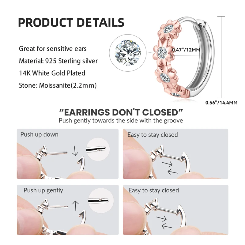 Yellow Gold Anziw Plated Women's ddmysmile Earrings Delicate Flower Hoops 2.2Mm Real Moissanite Sier Certified Jewelry Wedding Smile