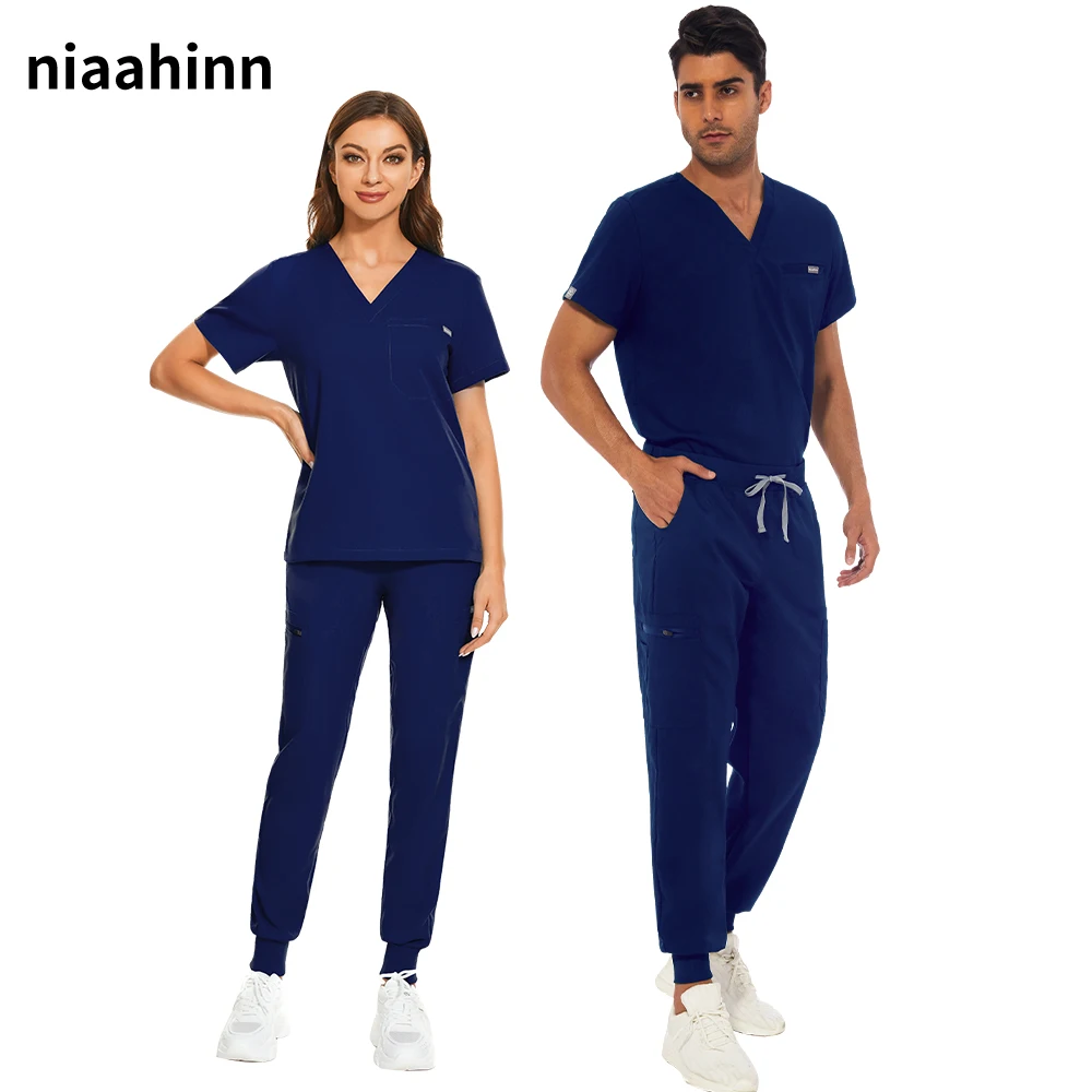 Uniform Medical Medical Supplies Nurse Doctor Scrub Sets Women Men V Neck Top Drawstring Pants Nursing Uniform Lab Spa Workwear smile