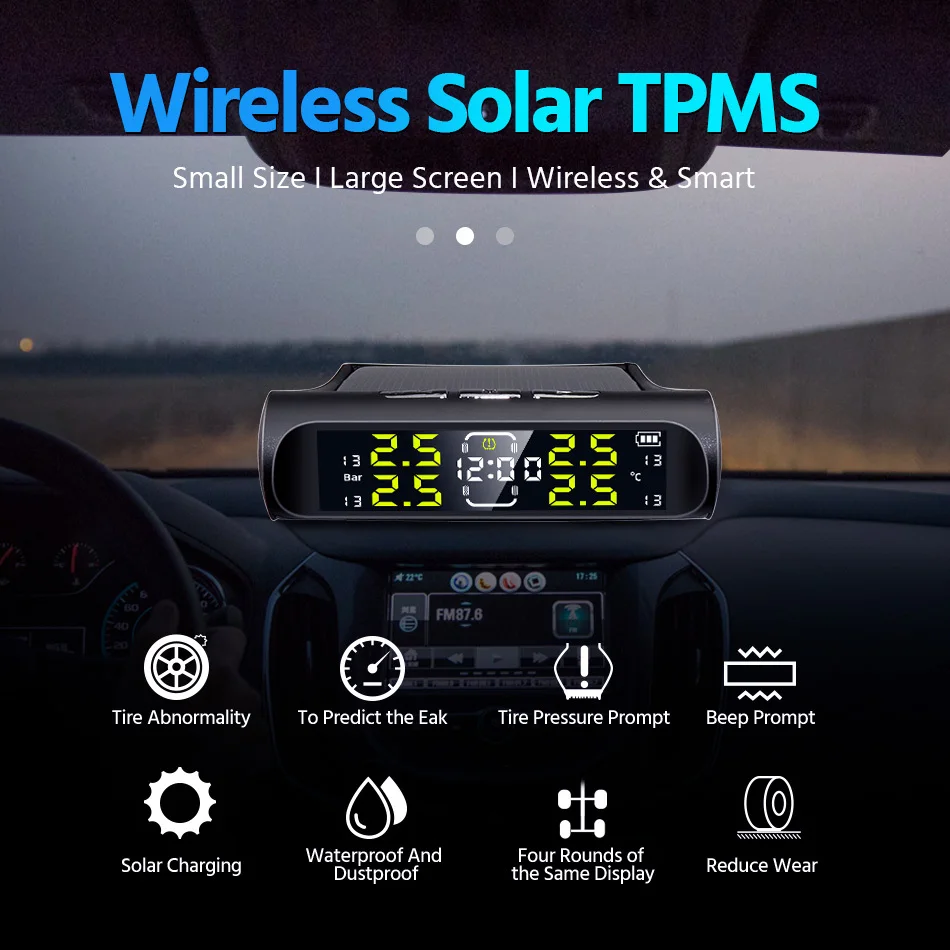 2025 Acceo K20 Car TPMS Tire Sensor Solar Power LCD Time Digital Display Temperature And new Pressure Auto Security Alarm System 4 Wheels
