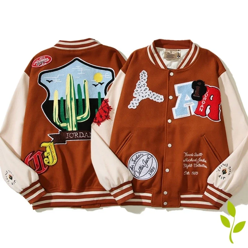 Contrasting Stickers Patchwork New Cactus Baseball Cardigan Stand ddmysmile Neck Jacket Coat Men Women High Street Top Smile
