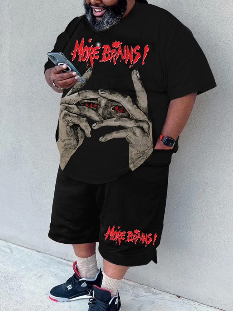 ZOOY L-9XL Mens Plus Size Fashion Cartoon Abstract Graffiti Graphic Casual Short Sleeve Shorts Set 240524