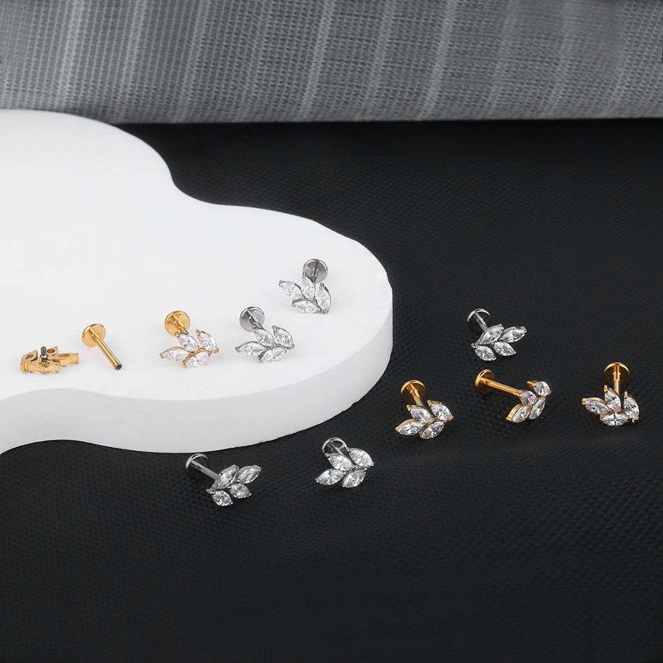 1PC ASTM F136 Titanium 16G Marquise CZ Leaves Stud Earring Leaf Shaped Helix Cartilage Conch Flat Back Lip Piercing Sexy Jewelry