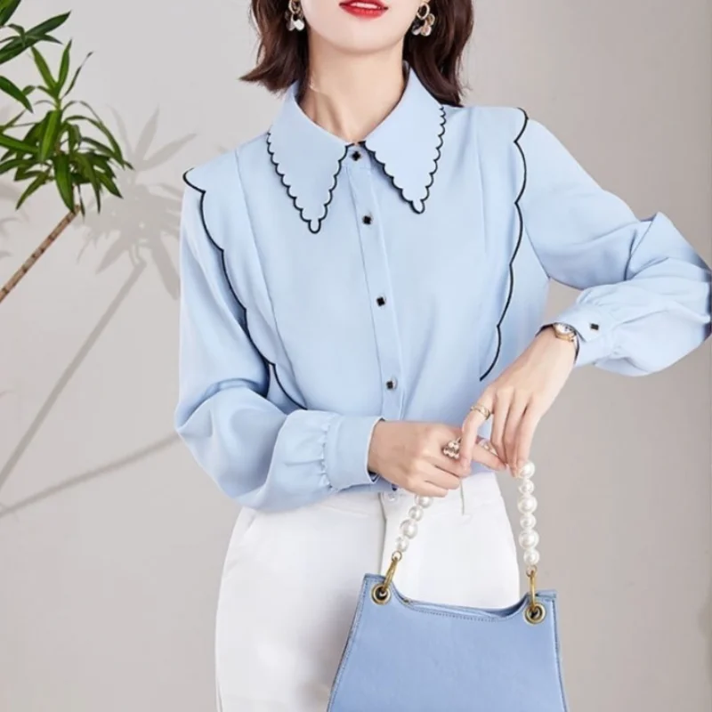 Women's Commuting Simplicity Versatile Clothing Autumn and Winter New Splice Buttons POLO Collar Long Sleeved Solid Color Shirt smile