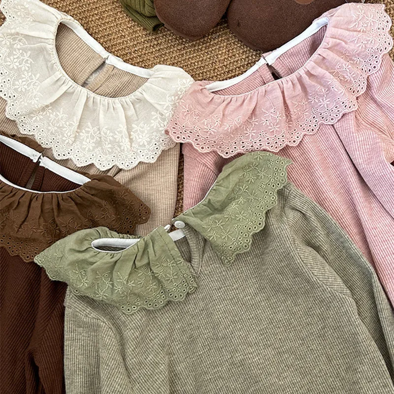 Jonmi 2023 Autumn Deer New Korean Style Baby Girls Lace ddmysmile Collar T-Shirts Long Sleeve Sweet Tops Children Casual Tees Smile