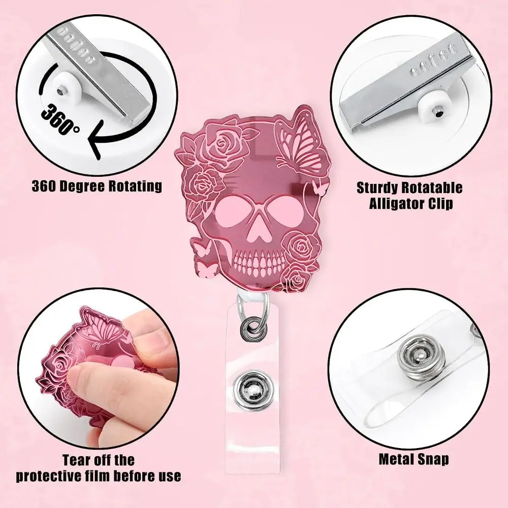 Badge Skull Nurse Retractable Reel Pink Acrylic Name Card Holder ID Card Clips Work Card Clips Hospital Badge Holder Card smile