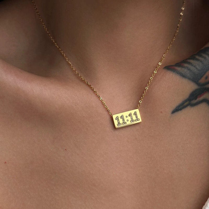 Chain For Man 11 Zircon Alarm Clock Design Square woman necklace Necklace - 18K Gold Plated Tarnish Free Stainless Steel Crystal