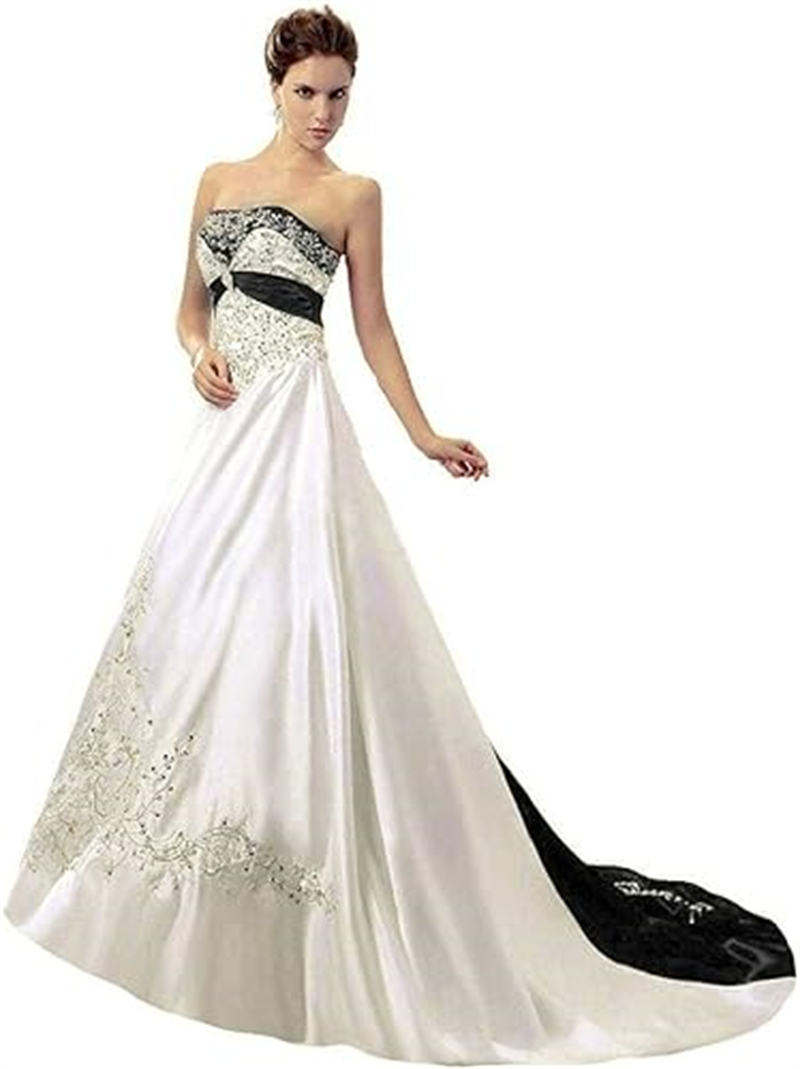 Vintage Black And White Wedding Dresses A-line Embroidery Beaded Satin Long Bridal Gowns Strapless Sleeveless Vestido De Novia 2024 Gothic Country Bri