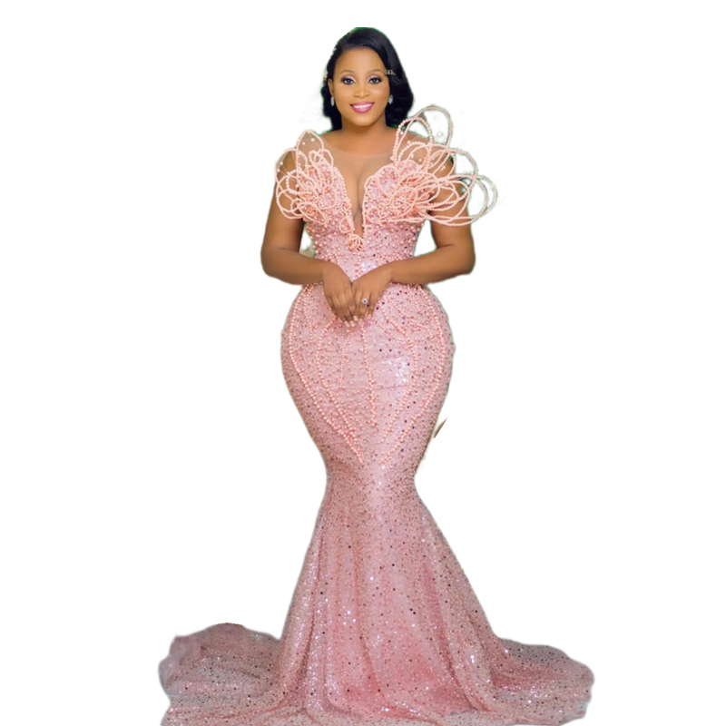 Sparkly Pink Sequins Beaded Mermaid Evening Dresses Sheer Jewel Neck 2024 African Arabic Aso Ebi Prom Dress Long Shiny Pageant Special Occasion Gowns 