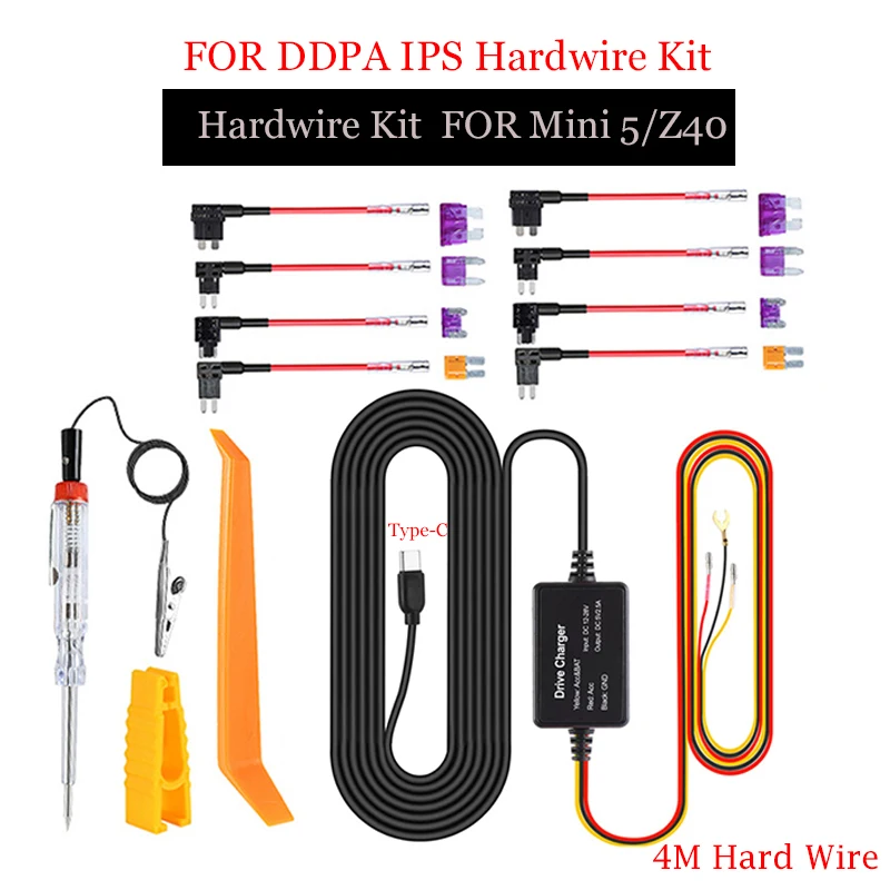 for DDPAI Mini 5 12/24V Type-C USB Car Charger 4M Hard Wire Hardwire Kit for DDPAI Mini 5/ Z40 / Z50 / Mola N3 Pro Dash Cam