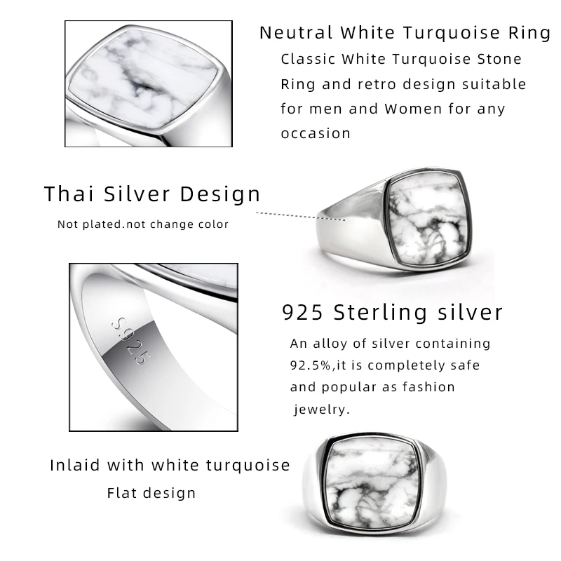 Ring Men's New Smooth Sterling Sier Natural White Turquoise Square Boulder Ring Simple Classic Seal Jewelry Women Gift smile