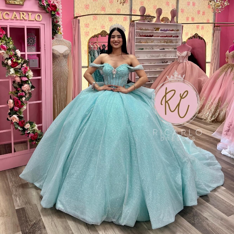 Aqua Blue Shiny Princess Quinceanera Dresses Off The Shoulder Beads Crystal Tull Corset Lace-up vestidos de 15 anos Prom Sweet 16