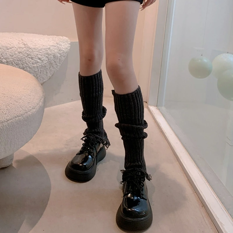 Y2k Haruku Ribbed ddmysmile Women Knitted Leg Warmer Solid Color Gothic Punk Tassels Frayed Hem Distressed Leg Covers Long Socks Smile