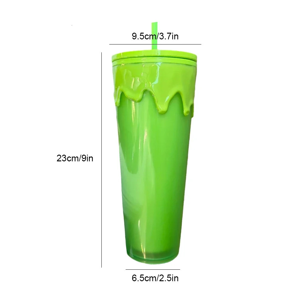 24oz710ml Lava Halloween Theme Plastic Cup Double Layer Slime Green Glow In The Dark Tumbler Cup with Straw Lid Holiday Gift 240527