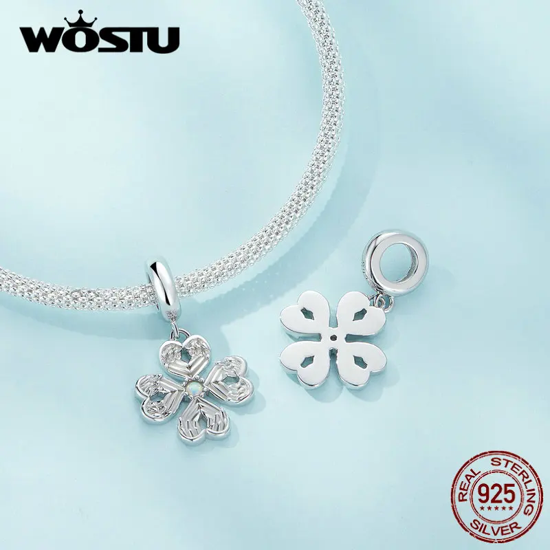 WOSTU 925 Sterling Silver Lucky Clover Grass Pendant Devil's Eye Hanging Bead Fit Original Bracelet Women DIY Fine Jewelry Gift
