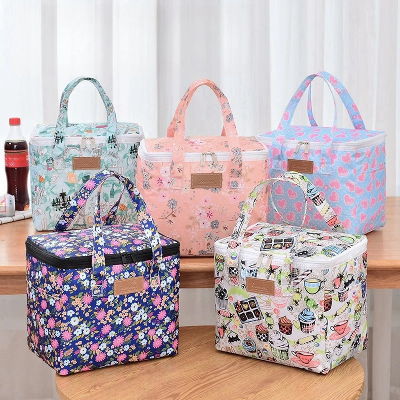 BYMONDY Square Large Cooler Bag for Women Floral Lunch Bags Picnic Food Meal Storage Container Family Party Lunch Box Portable 240514