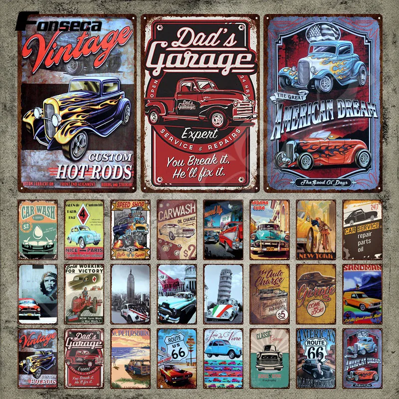 Dad's Garage Metal Sign Vintage Custom Hot Rods Tin Sign Plate Route 66 Car Wash Metal Poster Wall Art Stickers for Garage Decor