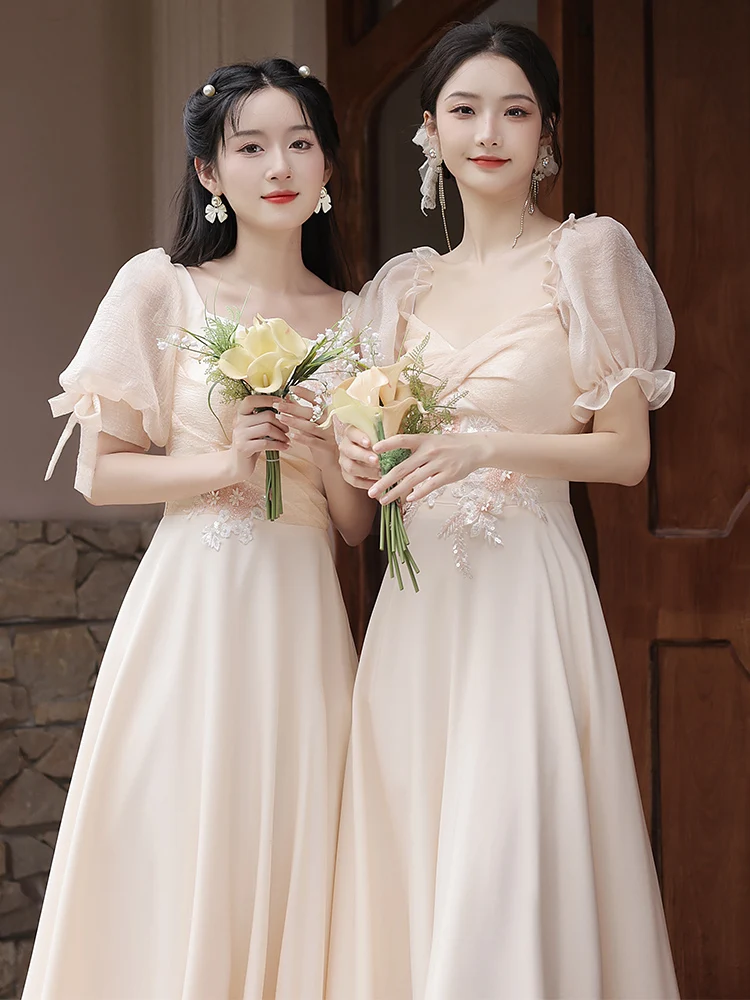 Bridesmaid A-Line Champagne Satin Dresses for Women 2023 New Puff Sleeve Exquisite Appliques Lady Long Sister Party Dress smile