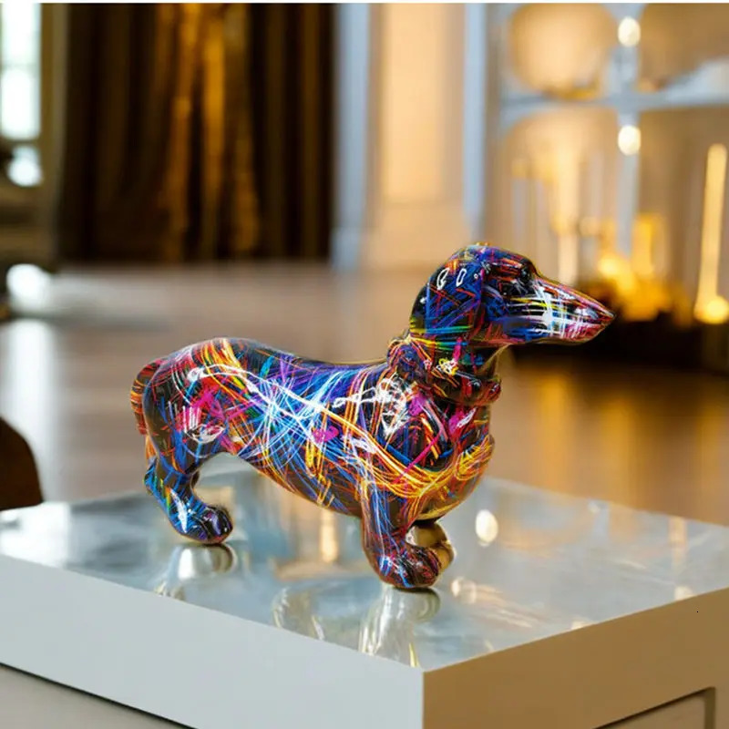 Creative Graffiti Dachshund Dog Statue Home Decor Color French Bulldog Sculpture Animal Figurine Living Room Desk Accessories 240527