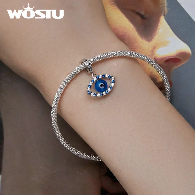 WOSTU 925 Sterling Silver Lucky Clover Grass Pendant Devil's Eye Hanging Bead Fit Original Bracelet Women DIY Fine Jewelry Gift