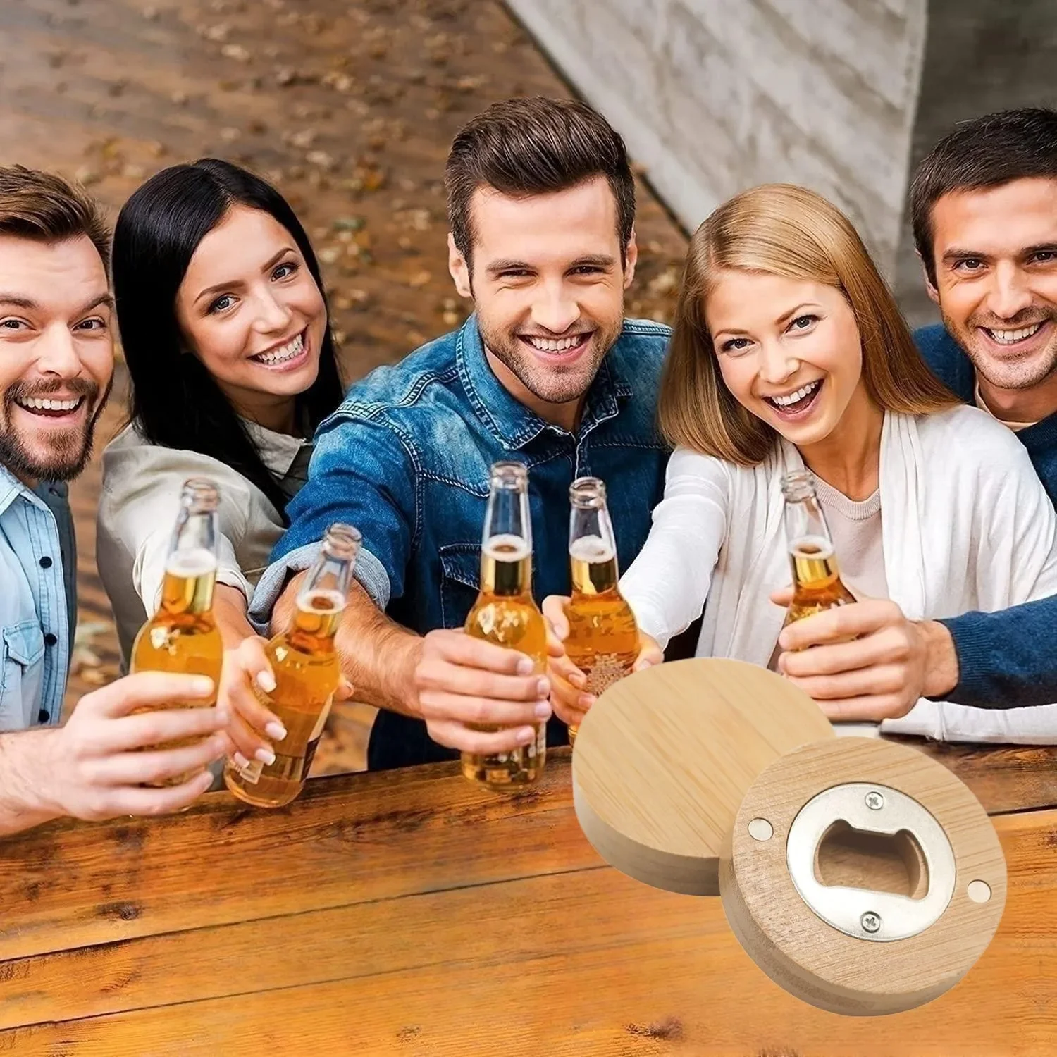 Beer Opener 40Pcs Bottle Bamboo Round Bottle Opener Coaster Fridge Magnet ddmysmile For Kitchen Party Bar Wedding Decor Gift Smile