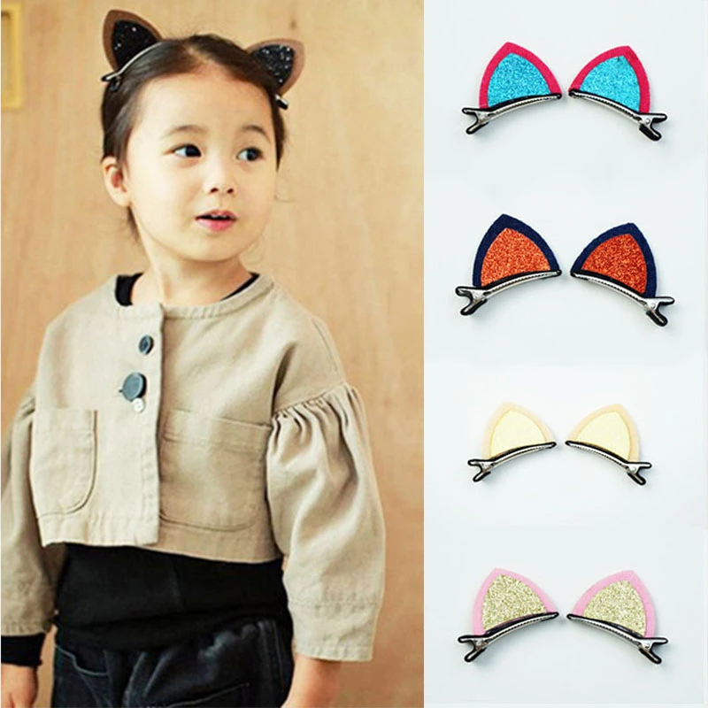 Girls Ears 2PCS/Lot Cat Barrettes Hair Clips Cute Little Sequins Safety Hairpin Lovely Children Ornaments Kids Hair Accessories smile