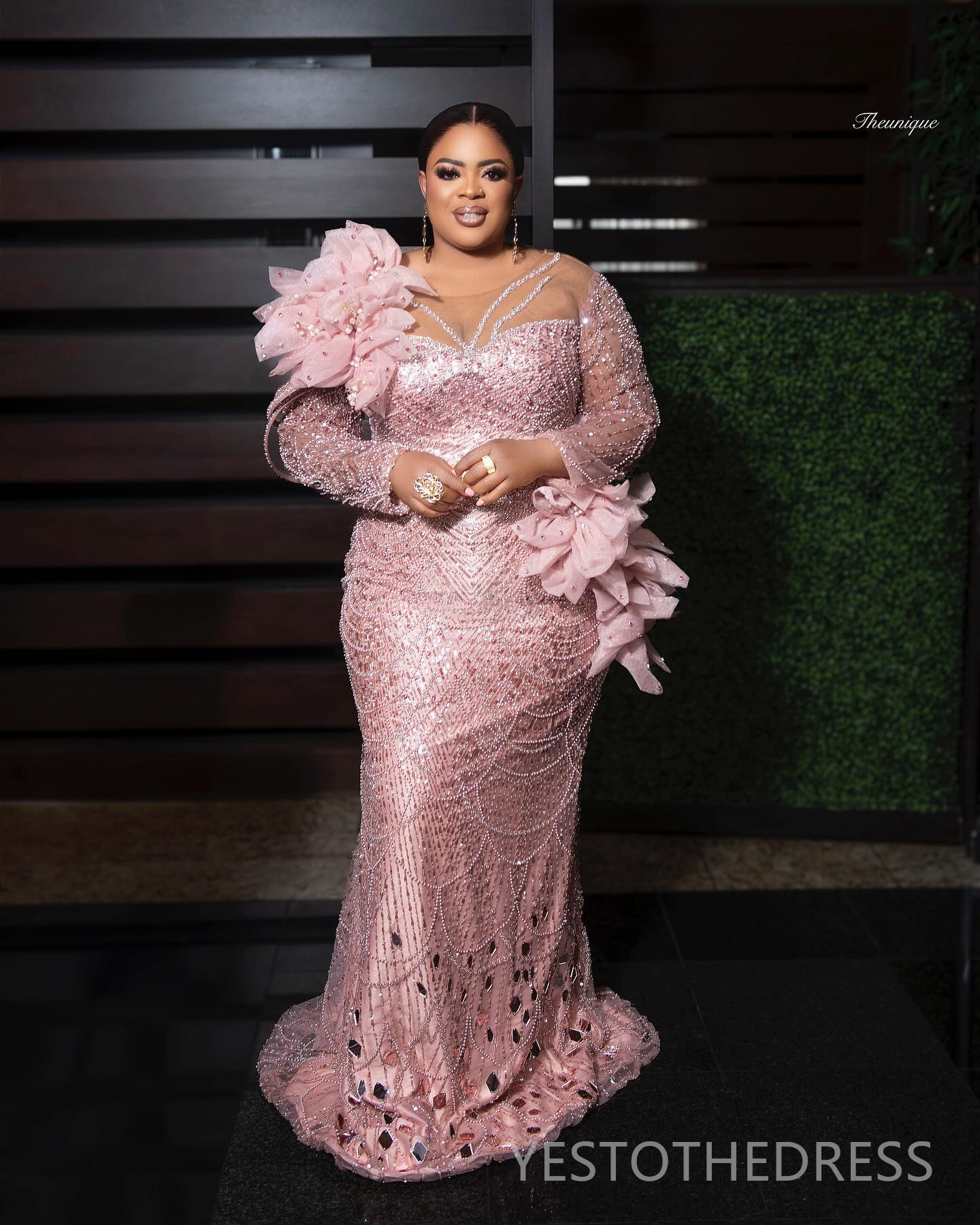 R&W 2024 Plus Size Aso Ebi Prom Dresses for Black Women Pink Promdress Illusion Long Sleeves Beaded Lace Pearls Rhies Mirror Sequins Decorate Gala Gow