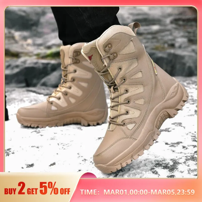 2024 new Winter New Warm Plush Snow Boots Waterproof Leather Men's 2025 Outdoor Anti Slip Work Combat Desert Motorcycle Shoes
