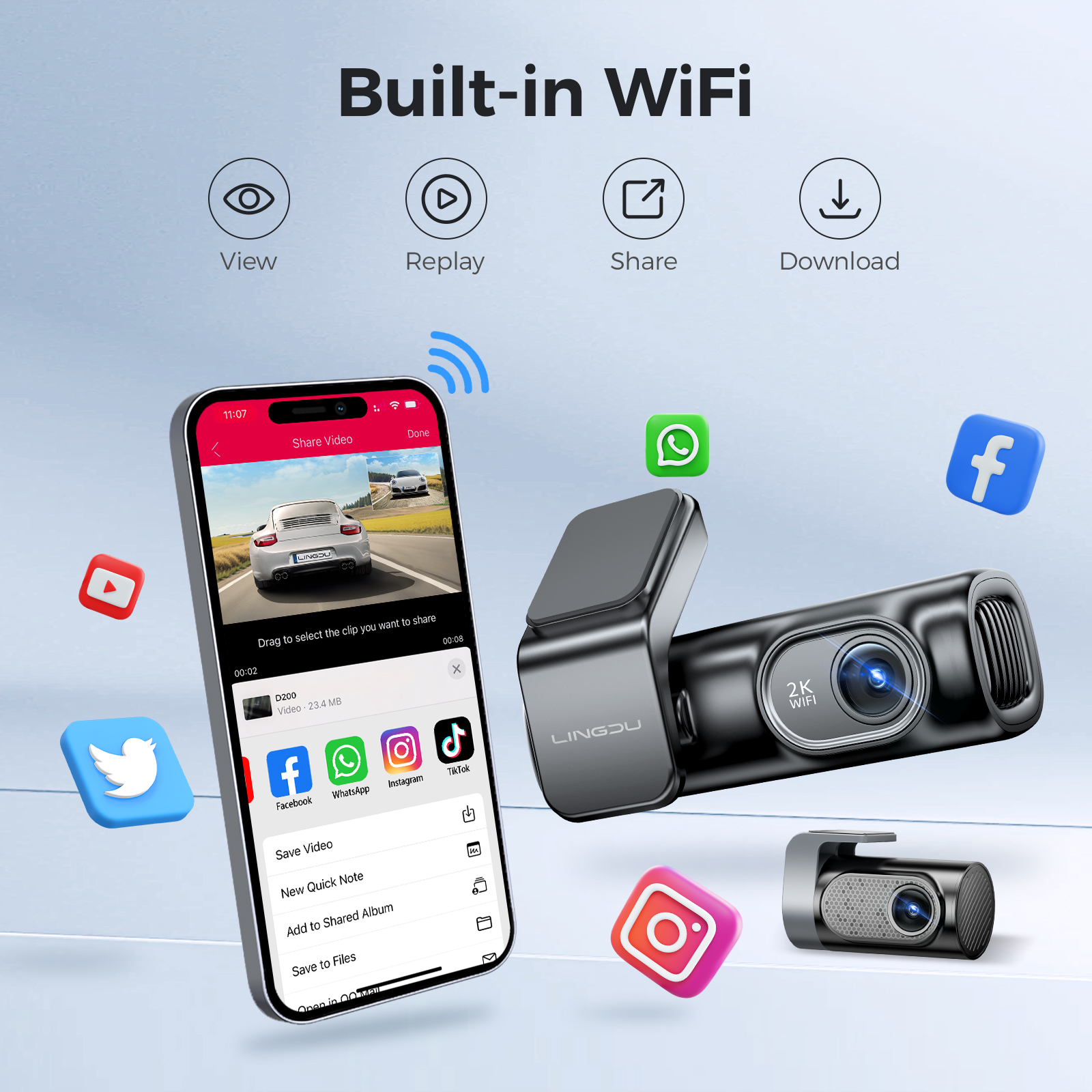 LINGDU D200 Dash Cam 2K 720P Dual Front and Rear Car DVR 2025 WiFi Built in GPS Voice new Control 24H Parking Monitor Night Vision