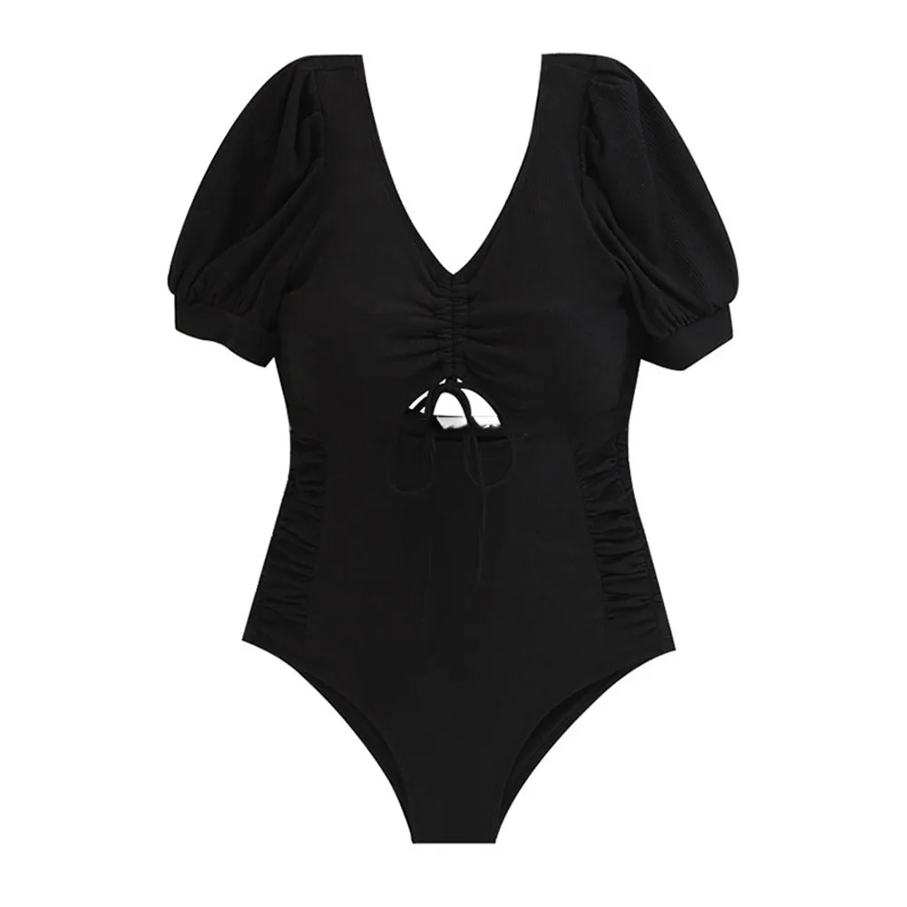 Sleeve Piece Short One Swimsuit Women Solid Swimwear Cut Out Monokini Push Up Swim Suit Korea Style Bathing Suit Pad ddmysmile Open Back Smile