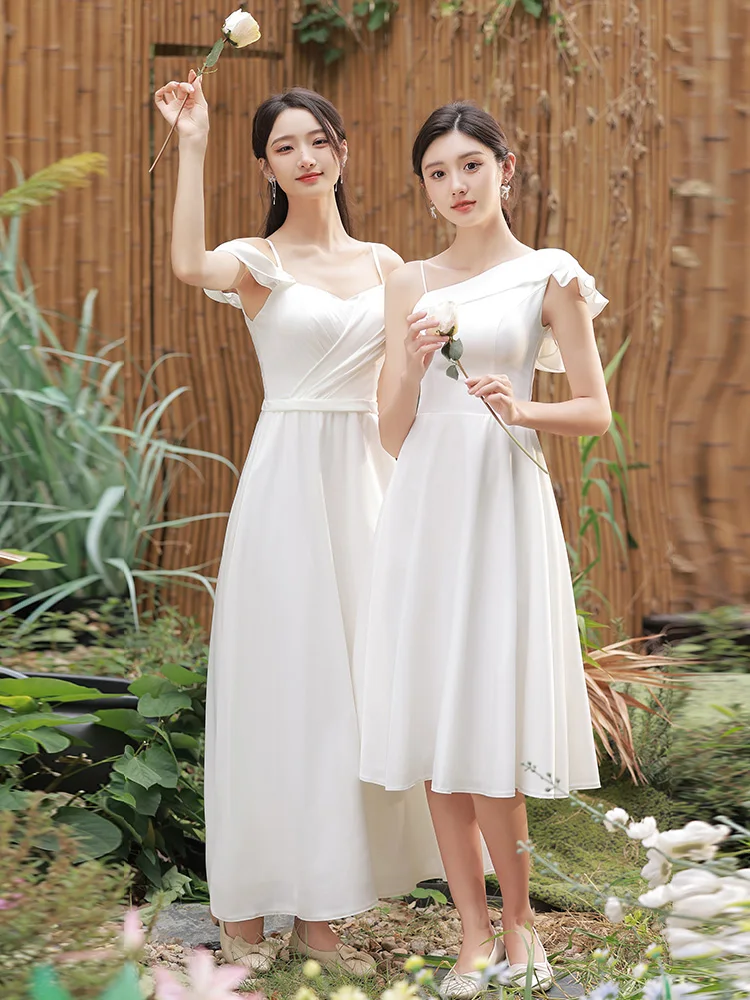 for Elegant Bridesmaid Dresses Women Korean Stylish One Shoulder A-Line Sister Group Gown Lady Simple White Party Dress smile