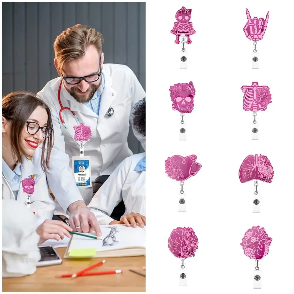 Badge Skull Nurse Retractable Reel Pink Acrylic Name Card Holder ID Card Clips Work Card Clips Hospital Badge Holder Card smile
