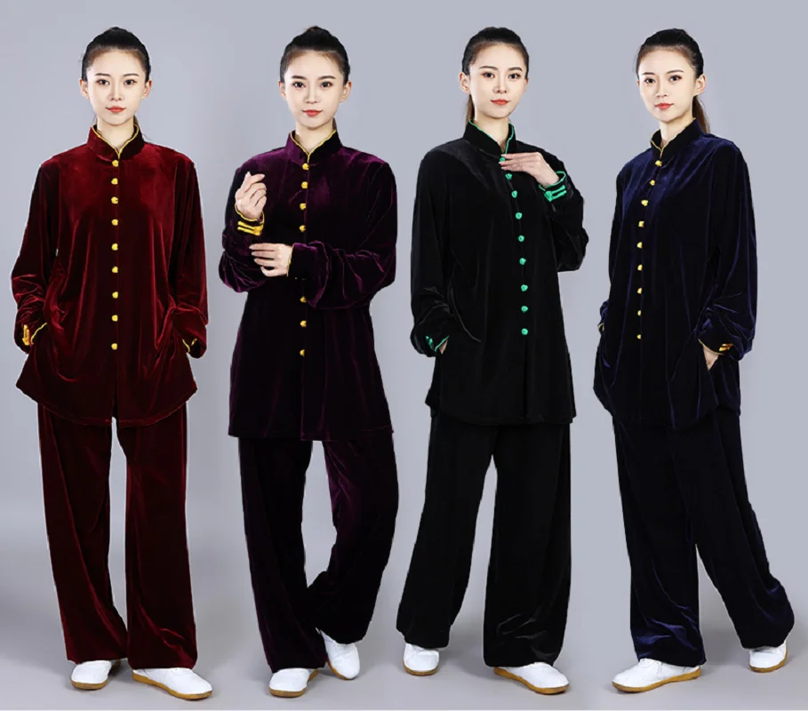 Men Chinese New Style Women Kung Fu Suits Autumn Winter Thickening Veet Tai Chi Martial Arts Costume Casual Sport Jacket Pants smile