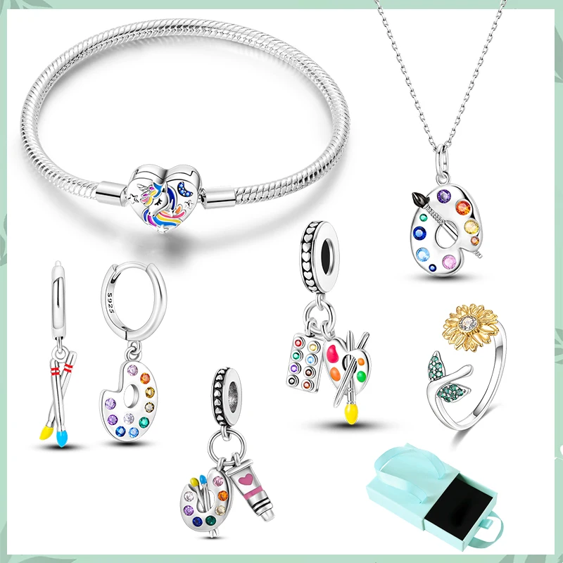 7/Pc Set CZ Sterling Sier Color Palette Painter Pen Charms Earrings Necklace Ring Bracelet Set Box For Women Jewelry Gift smile