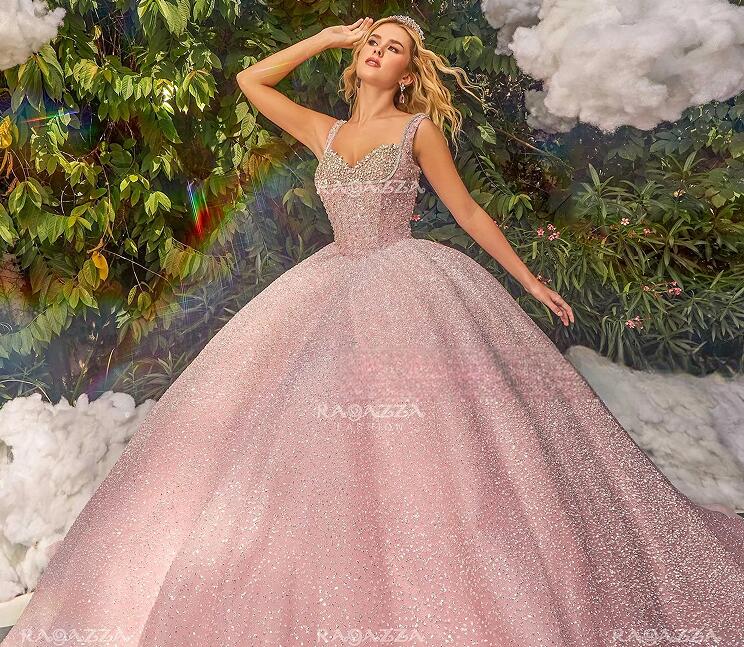 Pink Mexican Quinceanera Dresses Ball Gown Spaghetti Straps Sparkly Beaded Puffy Charro Sweet 16 Dresses 15 Anos